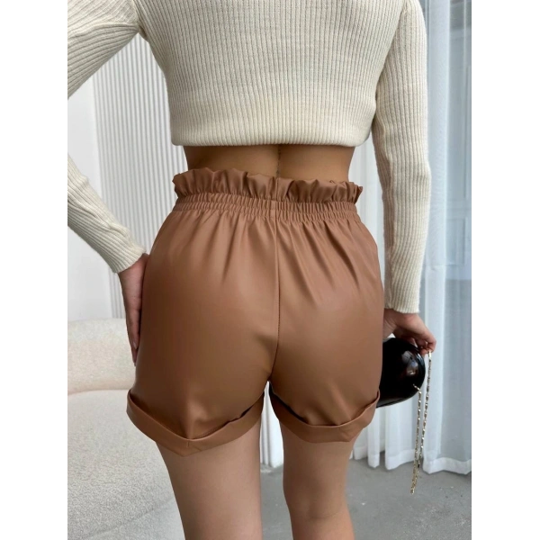 Beli lastikli deri şort kahve H24605