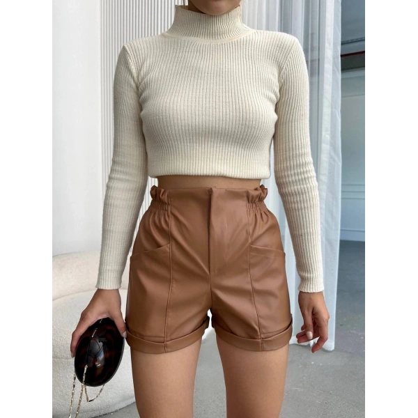 Beli lastikli deri şort kahve H24605