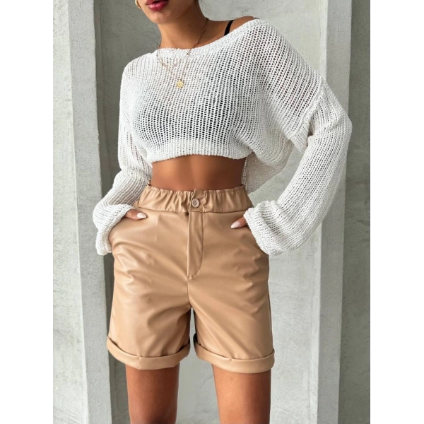 Beli lastikli duble paça deri şort bej w24755