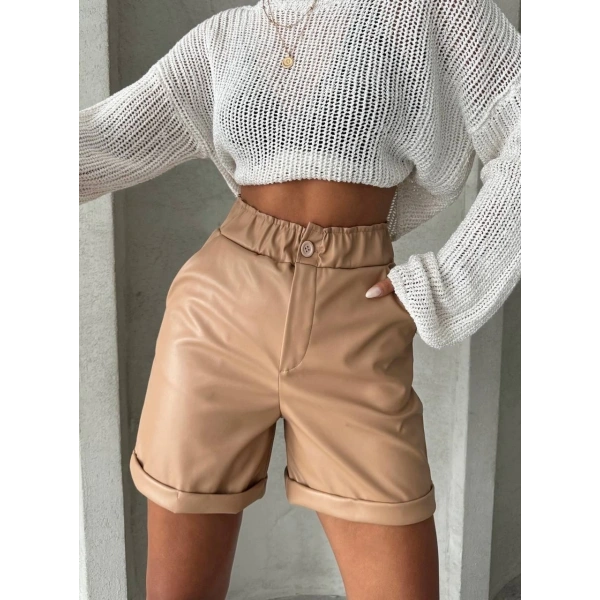 Beli lastikli duble paça deri şort bej w24755