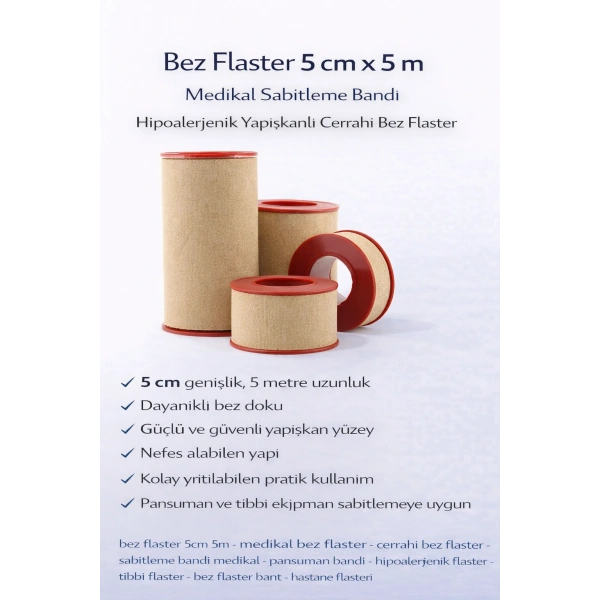 Bez Flaster 5 cm x 5 m Medikal Sabitleme Bandı Hipoalerjenik Yapışkanlı Cerrahi Bez Flaster
