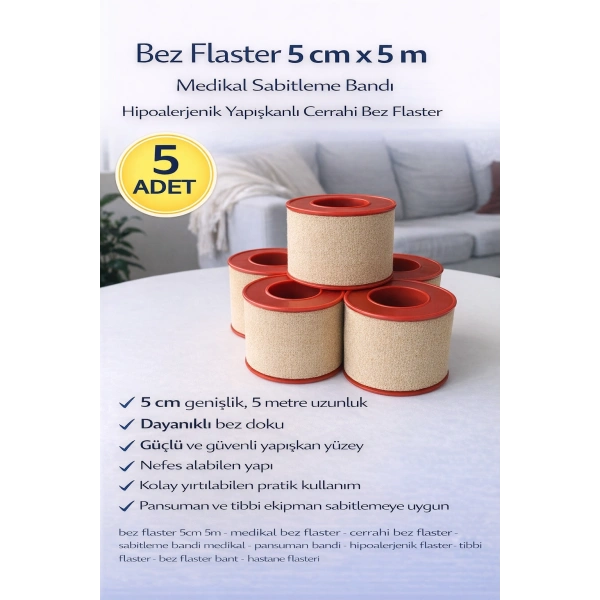 Bez Flaster 5 cm x 5 m Medikal Sabitleme Bandı Hipoalerjenik Yapışkanlı Cerrahi Bez Flaster 5 ADET