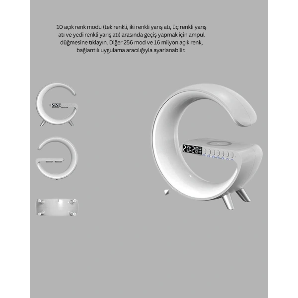 Bluetooth Hoparlörlü RGB Atmosfer Lambası Kablosuz Şarj ve Saat Özellikli