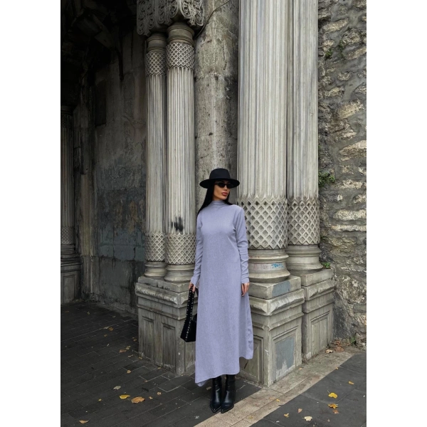 Boğazlı kalın bürümcük uzun elbise gri