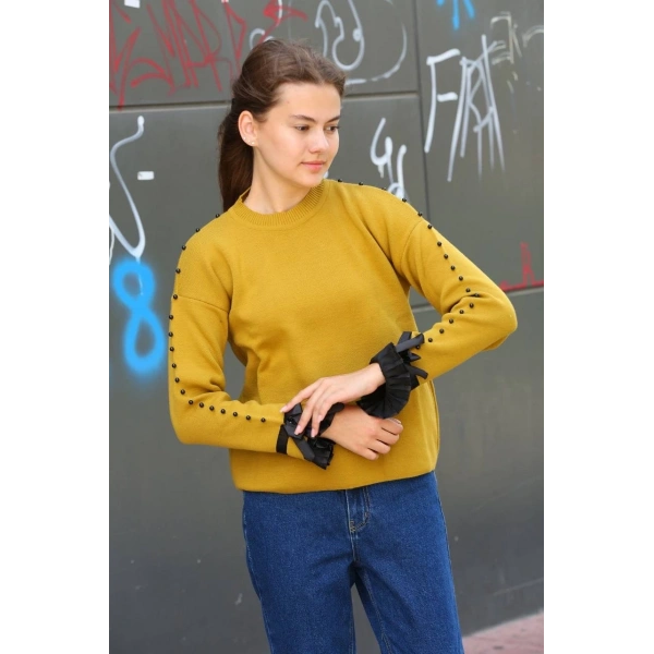 Boncuklu bile detaylı kazak hardal