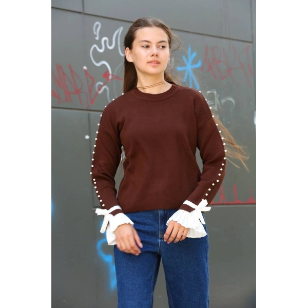 Boncuklu bile detaylı kazak kahve