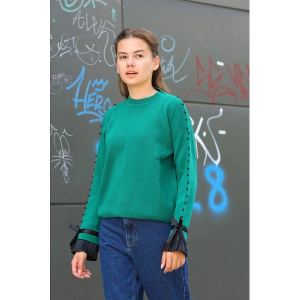 Boncuklu bile detaylı kazak petrol yeşili