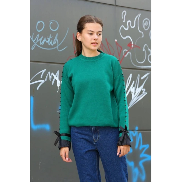 Boncuklu bile detaylı kazak petrol yeşili