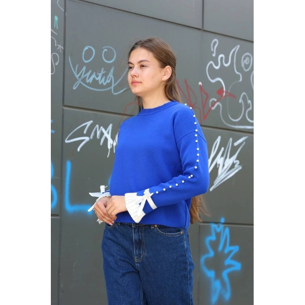 Boncuklu bile detaylı kazak saks mavisi