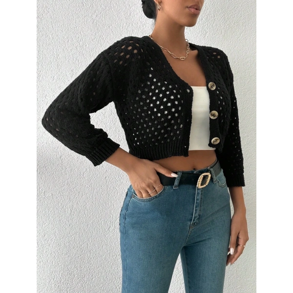 Büyük düğmeli delikli hırka siyah