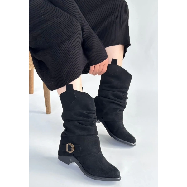 Canty Siyah Süet Körüklü Topuklu Çizme