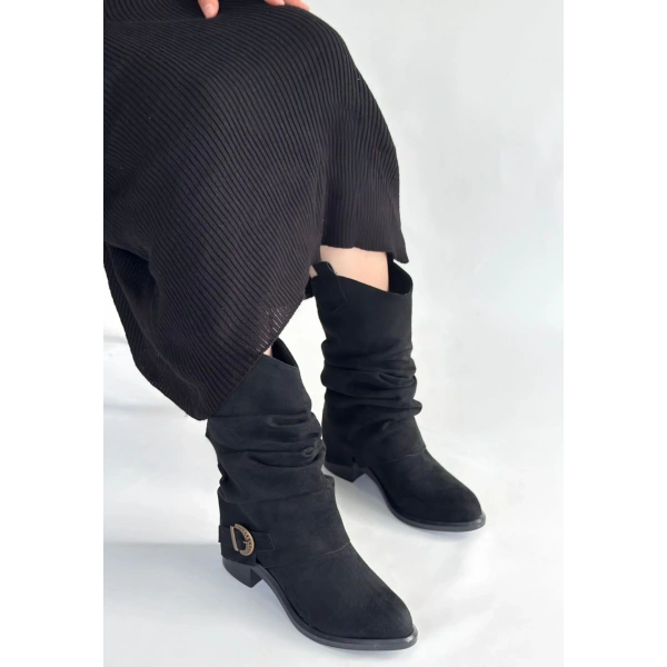 Canty Siyah Süet Körüklü Topuklu Çizme