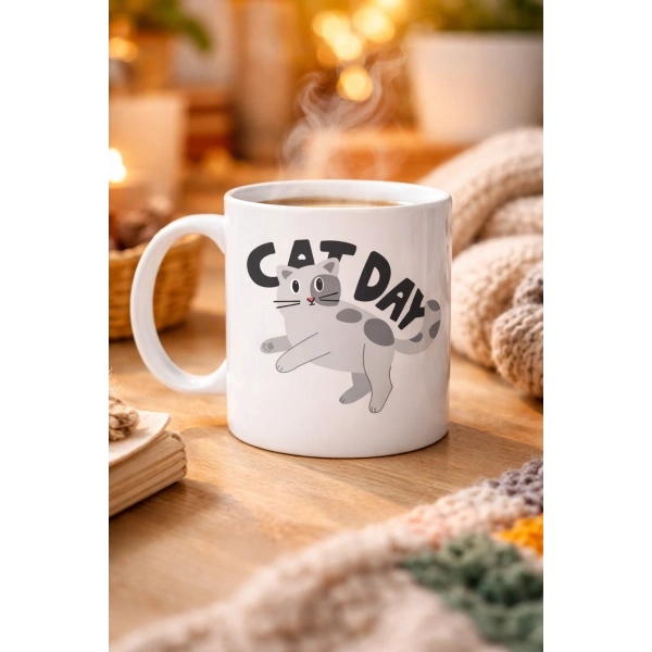 Cat Day Kedi Desenli Porselen Kupa MODEL 67 – Sevimli Kedi Figürlü, Günlük Kullanıma Uygun, Kahve & Çay Kupası