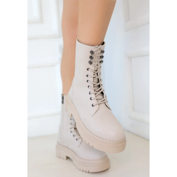 Caxa Bej Cilt Bağcıklı Bot