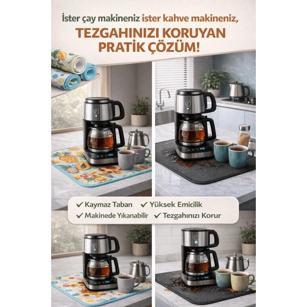 Çay Matı Çay Makinesi % 100 Mikrofiber Altlığı Su Emici Tezgah Koruyucu Kurulama Matı