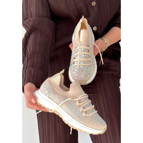 Ceas Bej Triko Bağcıklı Spor Ayakkabı