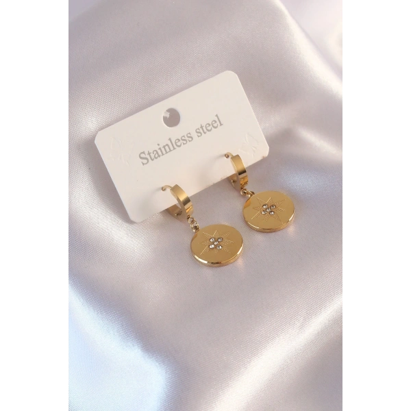 Çelik Gold Renk Kutup Yıldızı İşleme Zirkon Taşlı Kadın Küpe