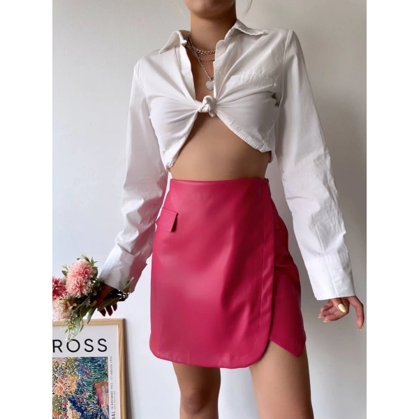 Cep detaylı oval kapaklı deri etek fuşya h240048