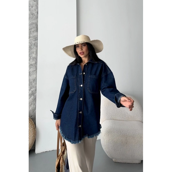 Cepli püsküllü kar yıkama kot ceket koyu mavi d2515