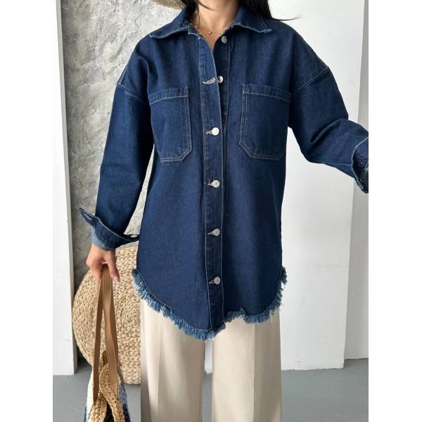 Cepli püsküllü kar yıkama kot ceket koyu mavi d2515