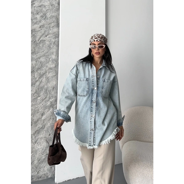 Cepli püsküllü kar yıkama kot ceket mavi d2515