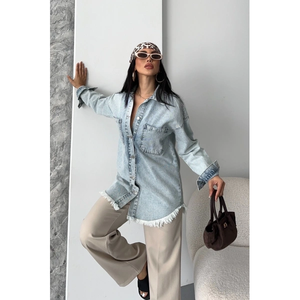 Cepli püsküllü kar yıkama kot ceket mavi d2515