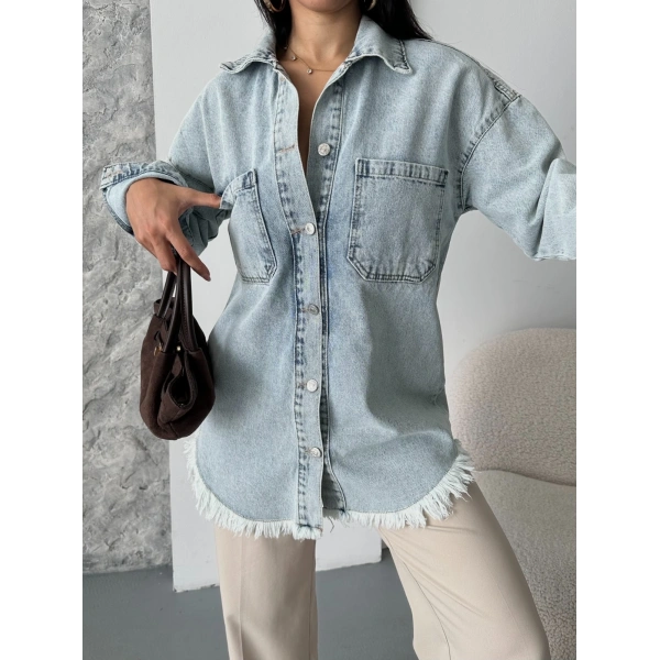 Cepli püsküllü kar yıkama kot ceket mavi d2515