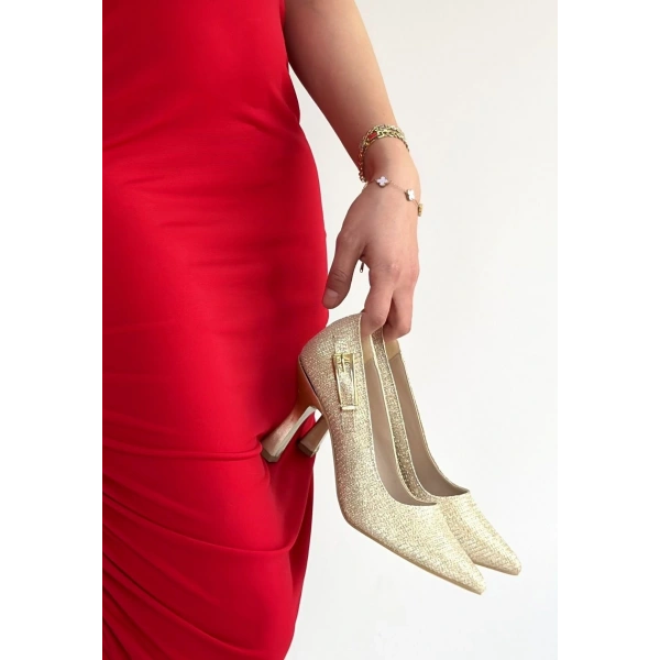 Cerin Gold Saten Simli Topuklu Ayakkabı