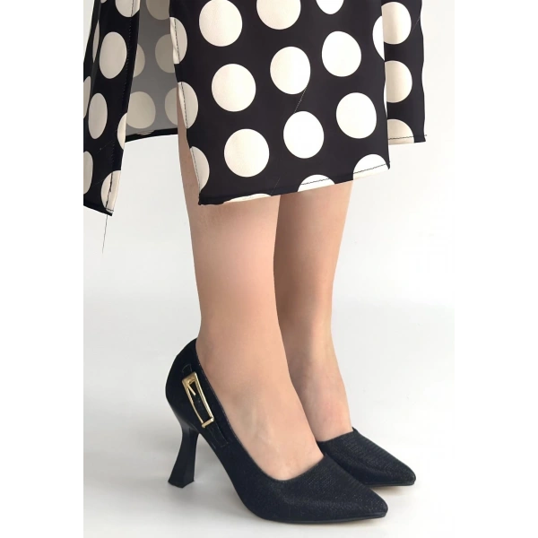 Cerin Siyah Saten Simli Topuklu Ayakkabı