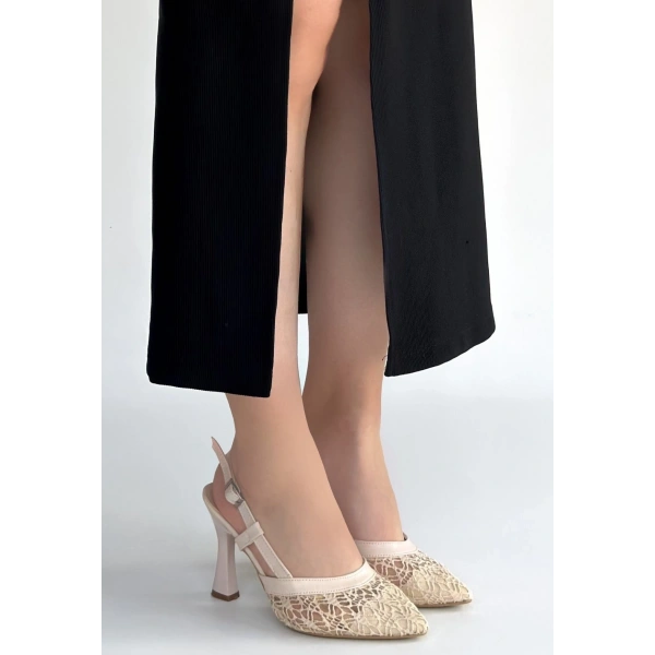 Ceta Bej Cilt Tül Detaylı Topuklu Ayakkabı