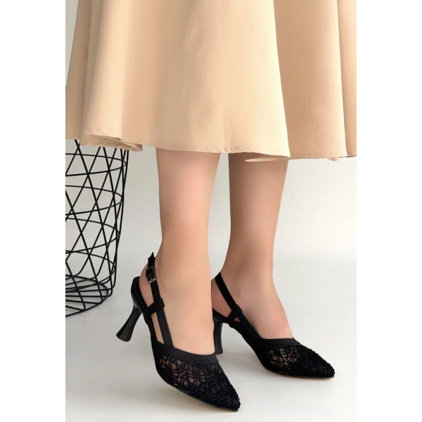 Ceta Siyah Cilt Tül Detaylı Topuklu Ayakkabı