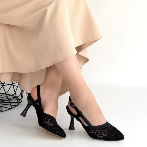 Ceta Siyah Cilt Tül Detaylı Topuklu Ayakkabı