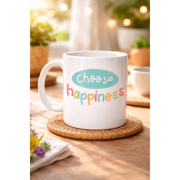 Choose Happiness MUTLULUĞU SEÇ Yazılı Porselen Kupa MODEL 156 – Motivasyon Kupası – Renkli Tasarım – Kahve & Çay Kupası – Mutluluk Temalı Hediye