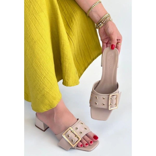 Ciey Bej Cilt Topuklu Terlik