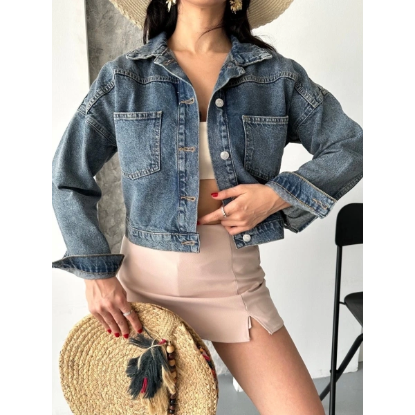 Çift cepli kol katlamalı kar yıkama crop kot ceket kahve tint d2000