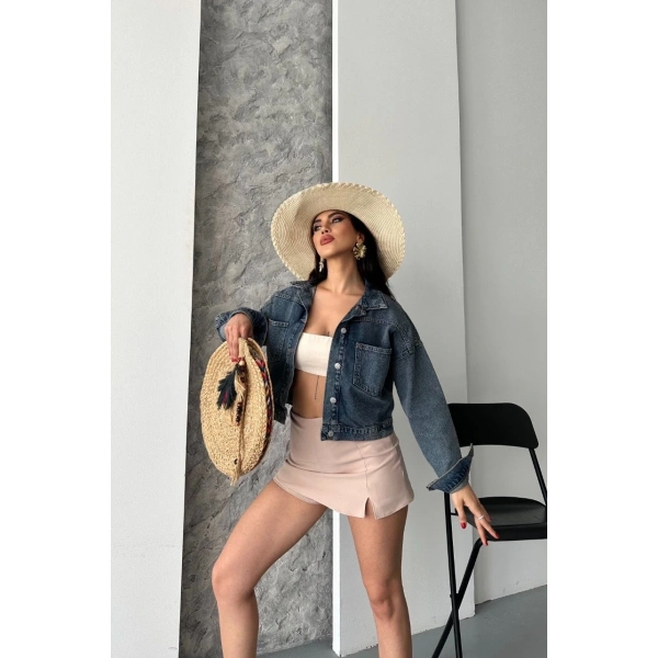 Çift cepli kol katlamalı kar yıkama crop kot ceket kahve tint d2000