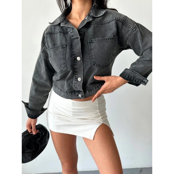 Çift cepli kol katlamalı süper taş enzim yıkama crop kot ceket füme d2000