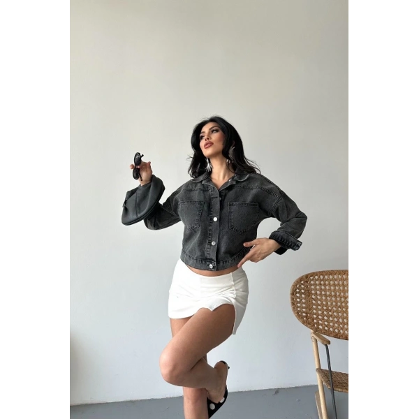 Çift cepli kol katlamalı süper taş enzim yıkama crop kot ceket füme d2000