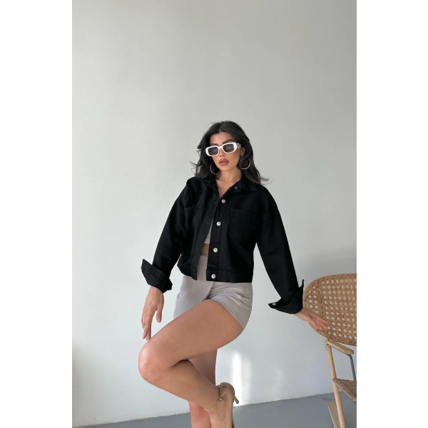 Çift cepli kol katlamalı süper taş enzim yıkamalı crop kot ceket siyah d2000