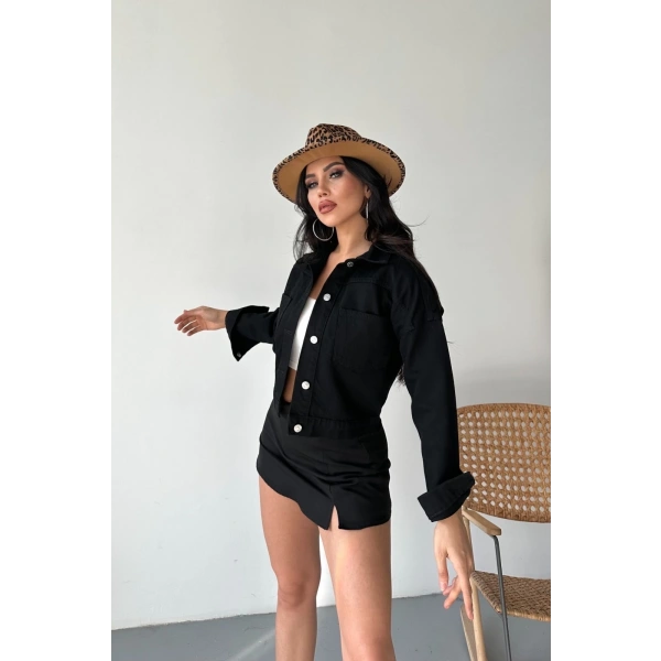 Çift cepli kol katlamalı süper taş enzim yıkamalı crop kot ceket siyah d2000