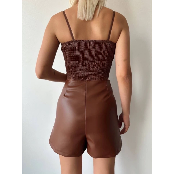 Çift fermuarlı deri şort kahve h24394