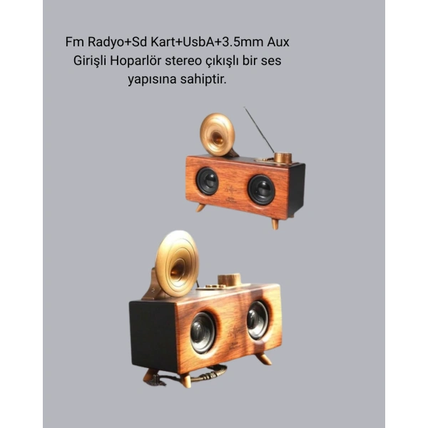 Çift Hoparlörlü Retro Bluetooth Speaker 1800mAh Bataryalı AUX USB SD Kartlı