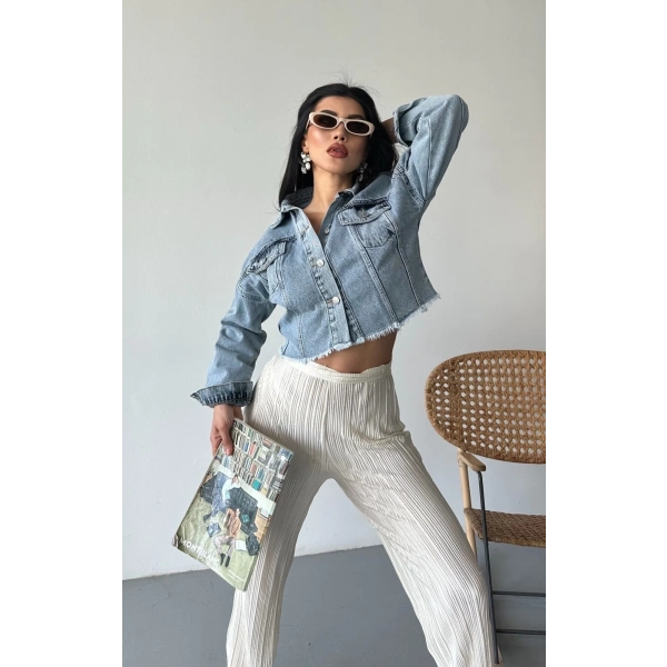 Çift kapaklı püsküllü crop buz mavi d2002