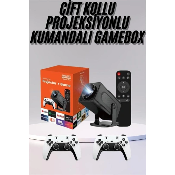 Çift Kollu Game Box Projeksiyon Cihazı Kumandalı Android Tv Dahili Hoparlör
