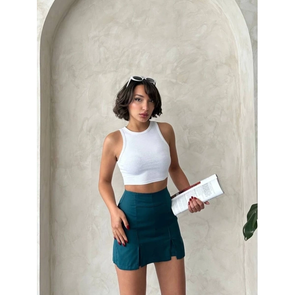 Çift yırtmaçlı atlas şort etek petrol yeşili s240364