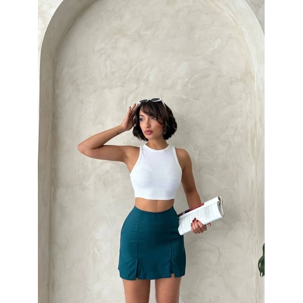 Çift yırtmaçlı atlas şort etek petrol yeşili s240364