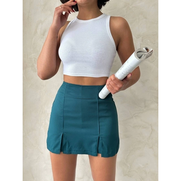 Çift yırtmaçlı atlas şort etek petrol yeşili s240364
