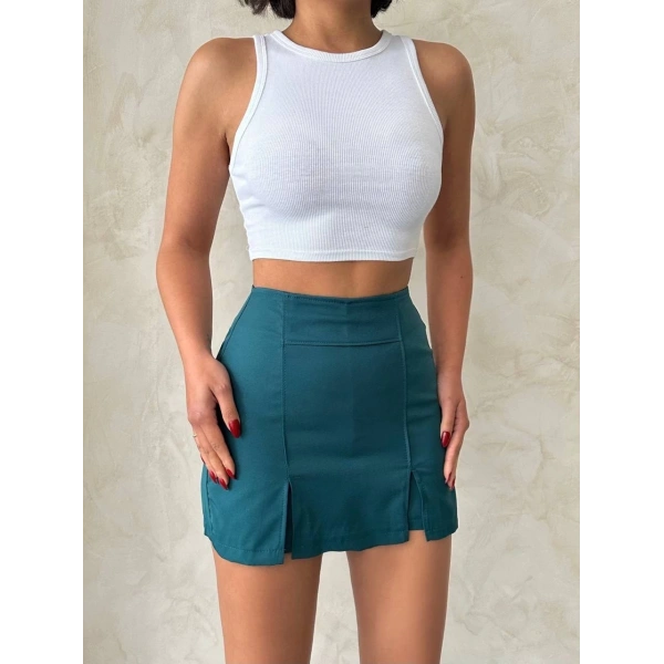 Çift yırtmaçlı atlas şort etek petrol yeşili s240364