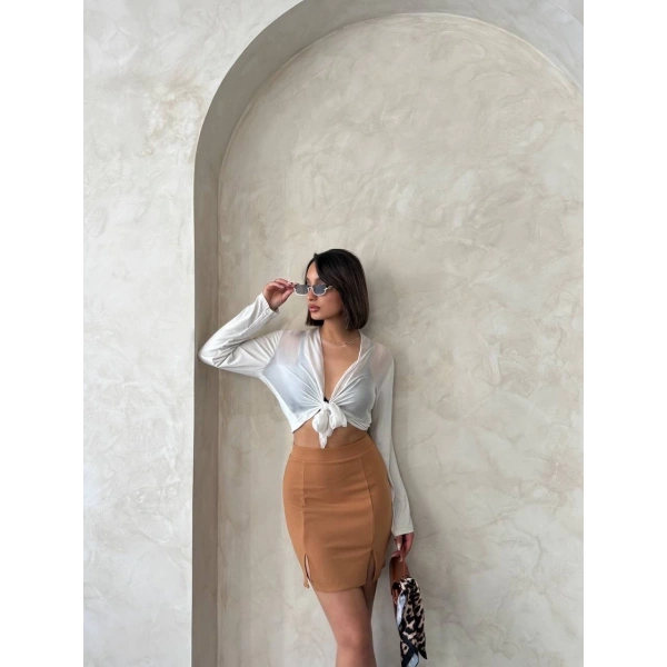 Çift yırtmaçlı etek camel s25910