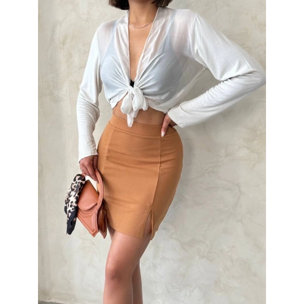 Çift yırtmaçlı etek camel s25910